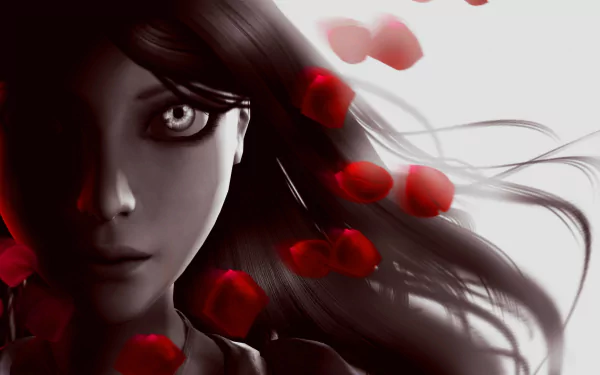 A fantasy-style woman with flowing dark hair surrounded by red flower petals, rendered in 4K Ultra HD as a striking PC desktop wallpaper.