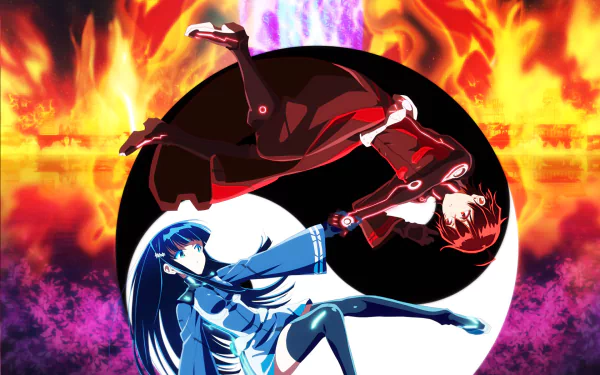 An HD desktop wallpaper featuring Rokuro Enmadou and Benio Adashino from the anime Twin Star Exorcists, with a dynamic fiery background and yin-yang symbol integrated into the design.