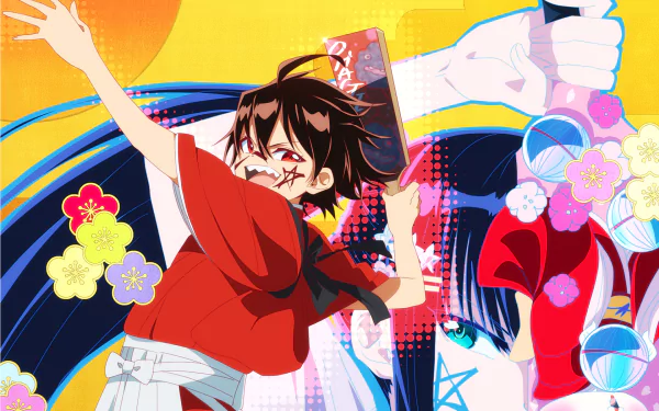 HD PC desktop wallpaper featuring vibrant anime characters from Twin Star Exorcists with dynamic poses and colorful floral and geometric designs.