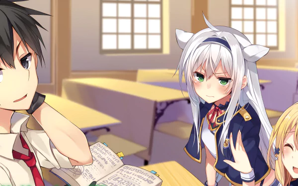 HD wallpaper featuring Glenn Radars, Sistine Fibel, and Rumia Tingel from the anime Rokudenashi Majutsu Koushi to Akashic Records, set in a classroom with open books on a desk.