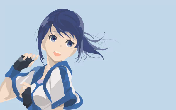 Anime-style 4K Ultra HD wallpaper of Mary from Grimgar of Fantasy and Ash with blue hair and eyes, smiling against a light blue background.