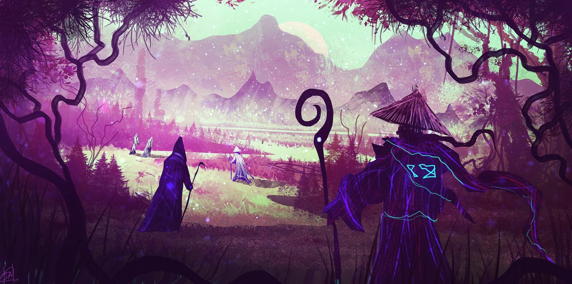 Fantasy scene featuring robed figures with staffs walking toward a distant village, set in a vivid, purple-hued landscape; HD PC desktop wallpaper and background.