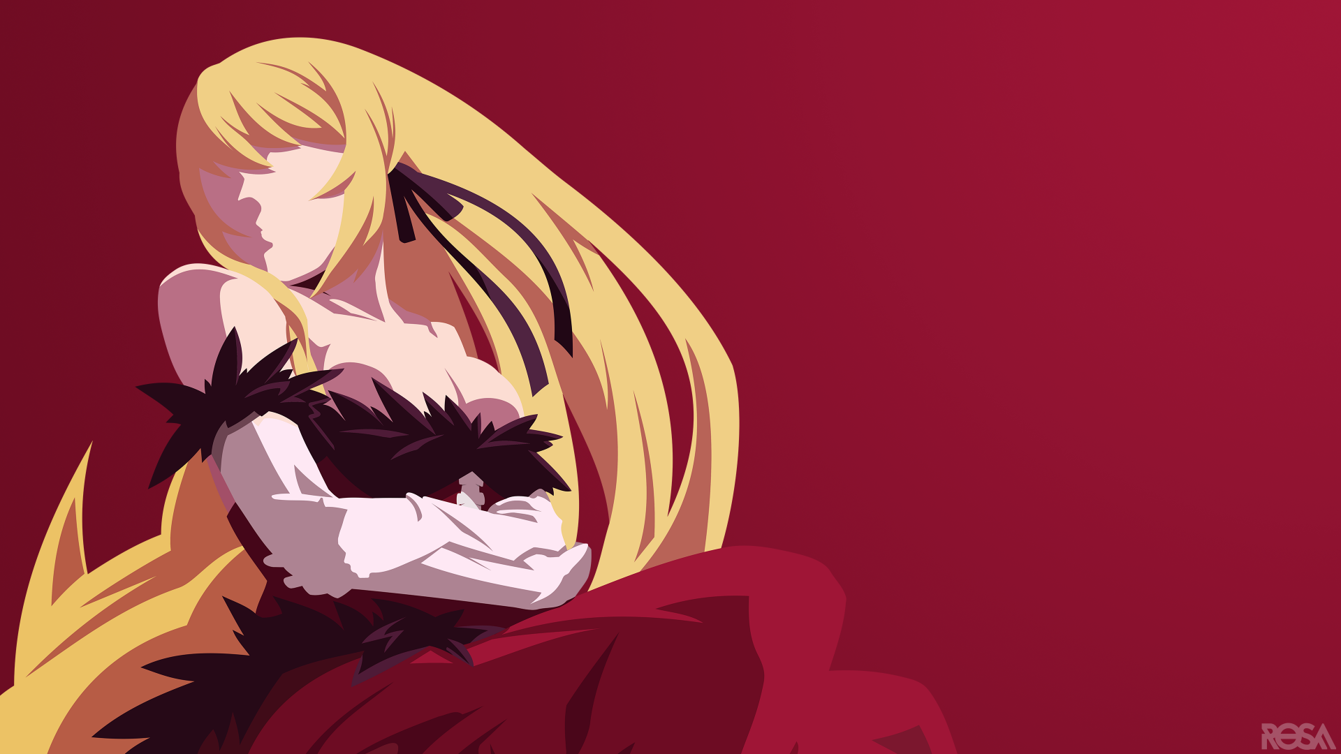 Kiss-shot Acerola-orion Heart-under-blade (Shinobu Oshino) from Monogatari series in minimalist anime style, 4K Ultra HD PC desktop wallpaper with red background.
