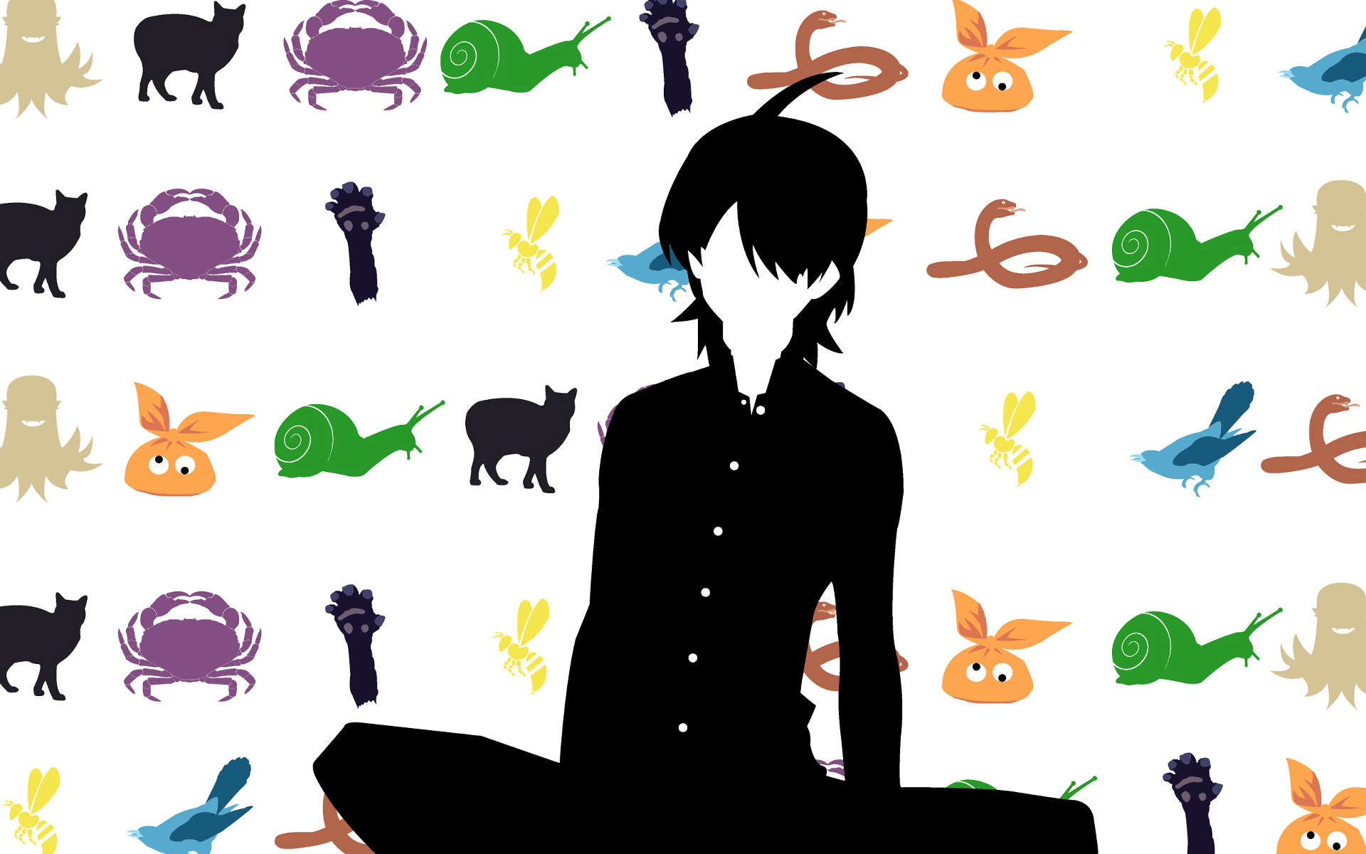 HD PC desktop wallpaper featuring a silhouette of Koyomi Araragi from the Monogatari Series against a colorful pattern of various animals and creatures.