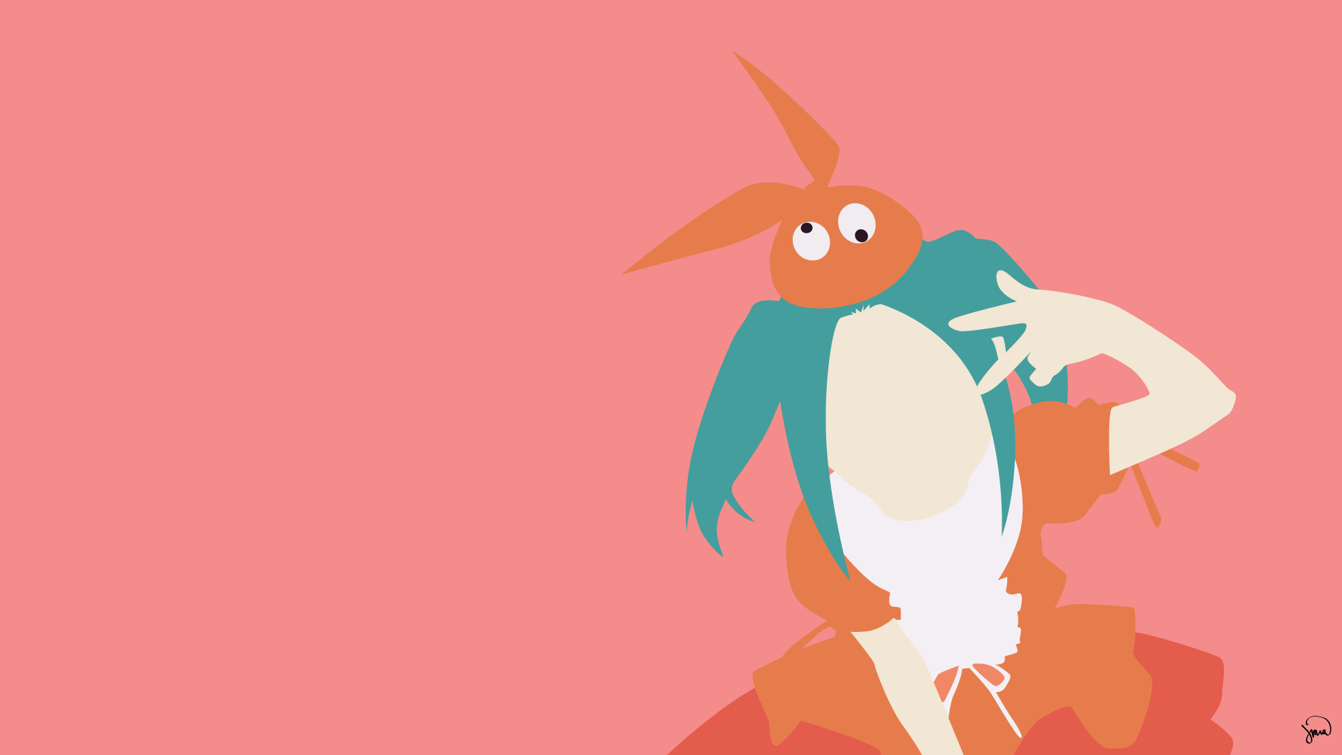 HD PC desktop wallpaper of Yotsugi Ononoki (Monogatari series): minimalist anime portrait with an orange bird mask and teal hair against a salmon-pink background.