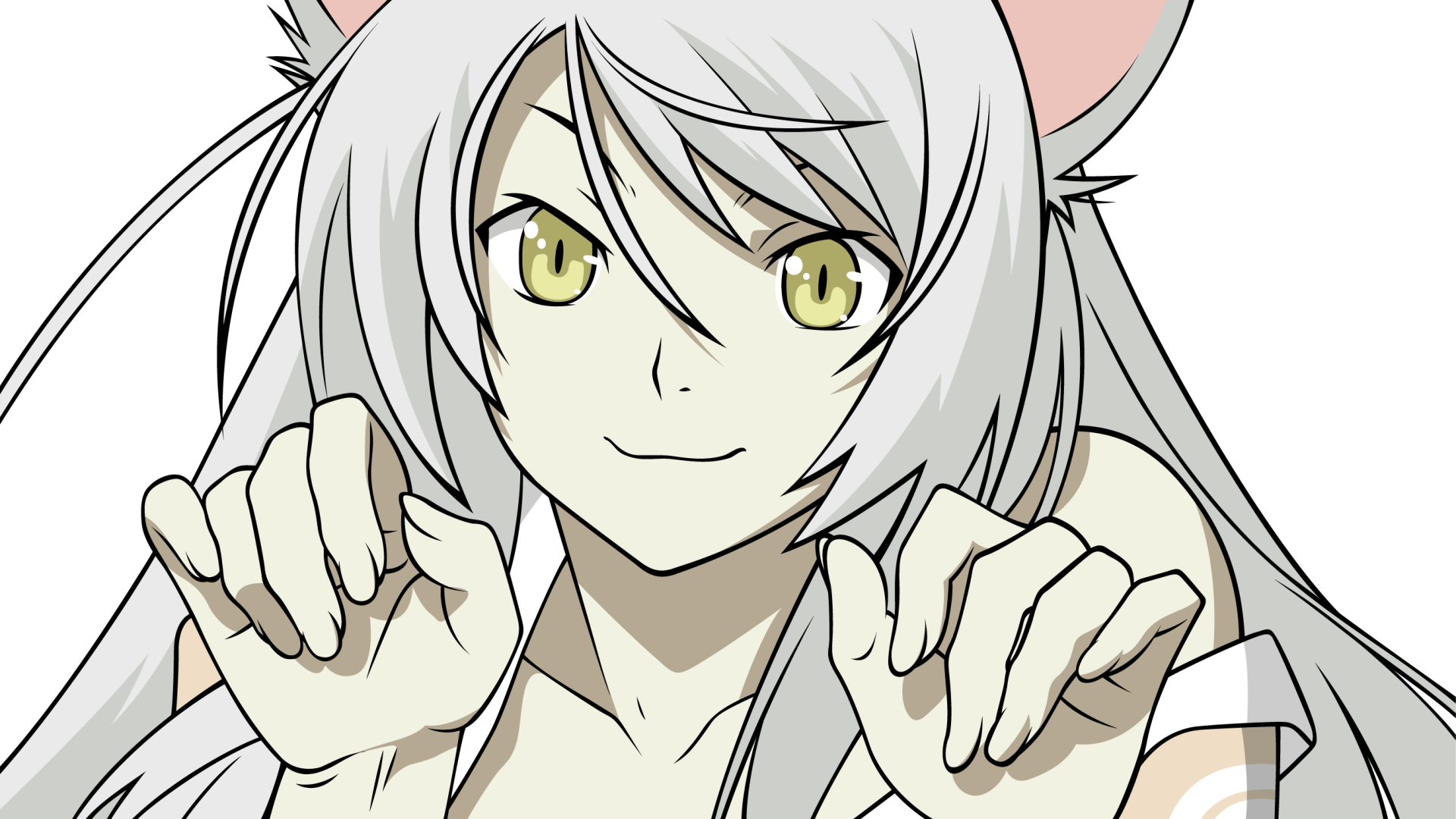 HD anime desktop wallpaper featuring Black Hanekawa (Tsubasa Hanekawa) from the Monogatari series with white hair and yellow eyes in a playful pose.