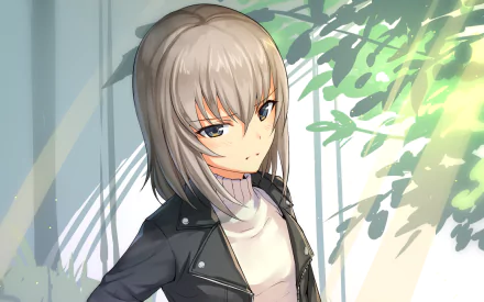 HD anime desktop wallpaper featuring Erika Itsumi from Girls und Panzer, showcasing her with short gray hair and a black leather jacket against a sunlit background.