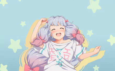 HD desktop wallpaper of Sagiri Izumi from the anime EroManga-Sensei. The image depicts her smiling brightly with star-shaped patterns in the background.