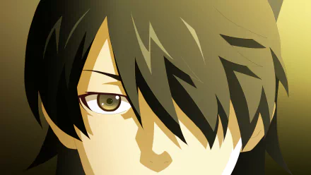 Koyomi Araragi from the Monogatari series features in this HD anime wallpaper, showcasing his distinct hairstyle and intense gaze against a warm background.