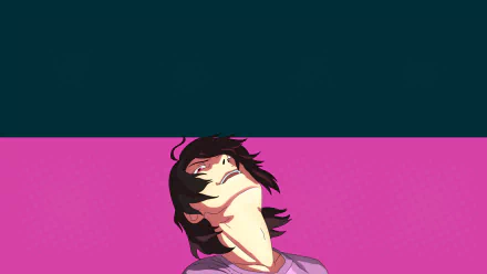 HD anime desktop wallpaper of Koyomi Araragi from the Monogatari series, reclining with his head thrown back against a bold pink lower field and deep teal upper band.