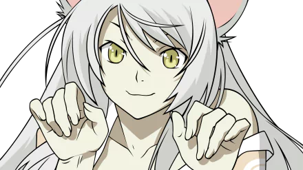 HD anime desktop wallpaper featuring Black Hanekawa (Tsubasa Hanekawa) from the Monogatari series with white hair and yellow eyes in a playful pose.