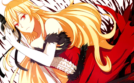 HD anime desktop wallpaper featuring Kiss-shot Acerola-orion Heart-under-blade (Shinobu Oshino) from the Monogatari series with flowing blonde hair and red-black dress.