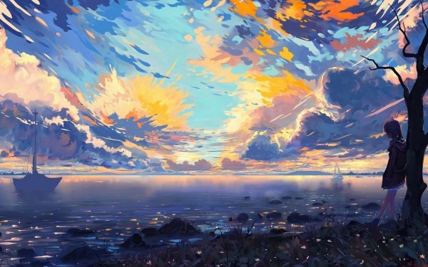 Anime Original Horizon Cloud Boat HD Wallpaper | Background Image