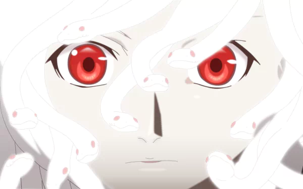 HD PC wallpaper: Nadeko Sengoku as Nadeko Medusa from the Monogatari (Series) — close-up anime face with pale skin, intense red eyes and white snakes entwined around her head.