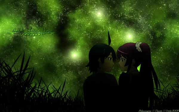 HD desktop wallpaper featuring Koyomi Araragi and Hitagi Senjōgahara from the Monogatari series against a glowing green starry background.