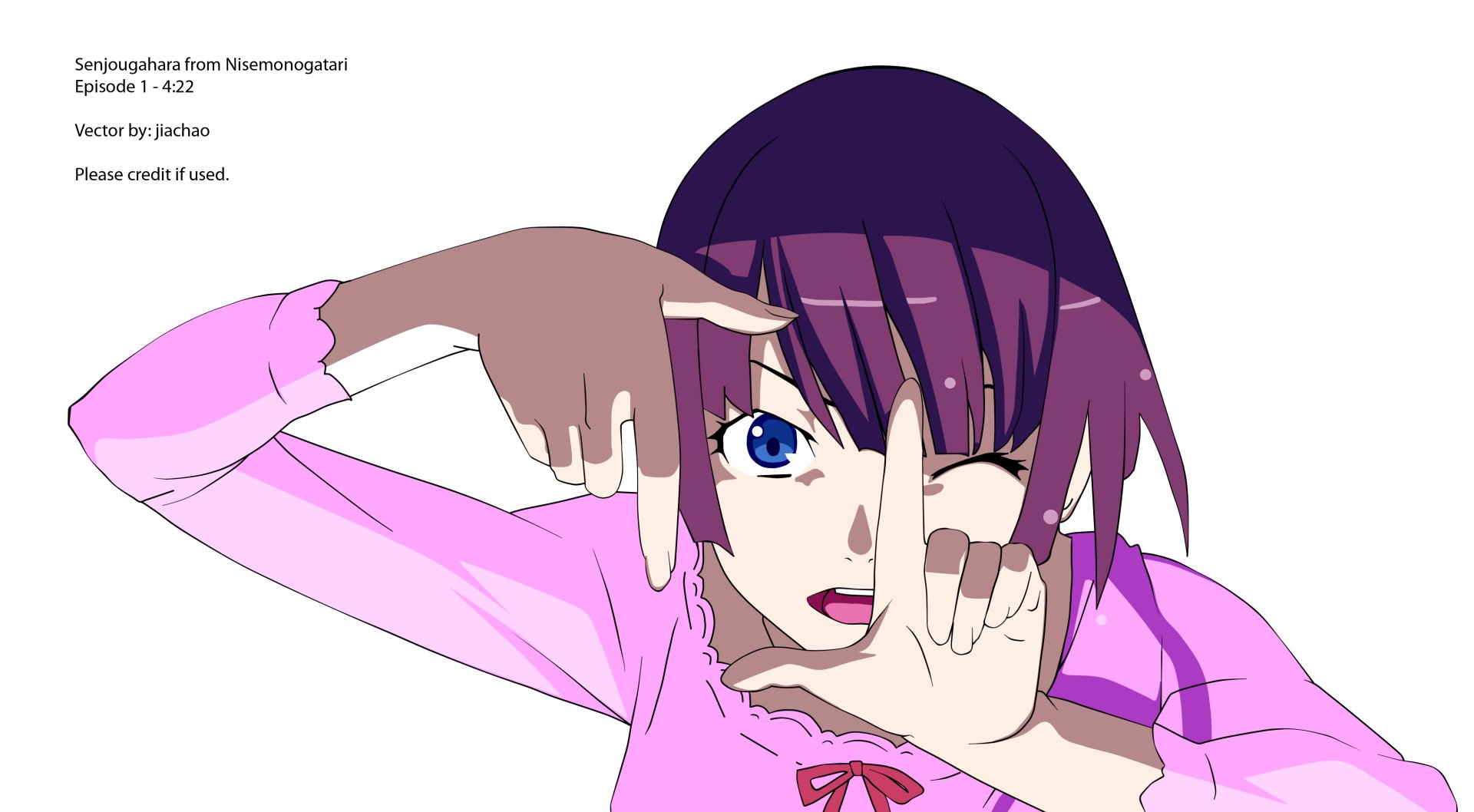 Hitagi Senjōgahara from the Monogatari series winks and frames her face with her fingers, purple hair and pink top — 4K Ultra HD PC desktop wallpaper