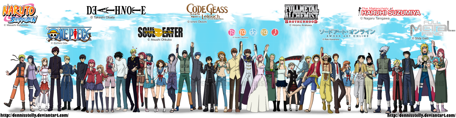 An HD wallpaper featuring a crossover of characters from Soul Eater, Code Geass, Toradora!, and Fullmetal Alchemist: Brotherhood, standing together against a blue sky background.