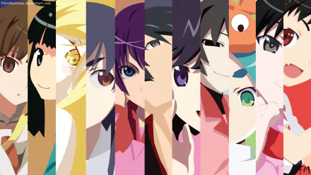HD desktop wallpaper featuring characters from the Monogatari series, including Mayoi Hachikuji, Karen Araragi, Yotsugi Ononoki, Tsubasa Hanekawa, Koyomi Araragi, and others.