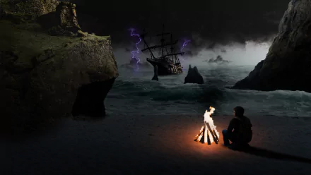 HD PC desktop wallpaper of a dark, artistic stormy sea with a ship caught in lightning near a beach, where a person sits by a campfire between rocky cliffs.