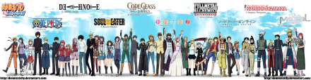 An HD wallpaper featuring a crossover of characters from Soul Eater, Code Geass, Toradora!, and Fullmetal Alchemist: Brotherhood, standing together against a blue sky background.