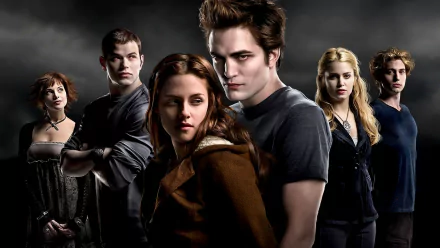 HD desktop wallpaper featuring Robert Pattinson as Edward Cullen and Kristen Stewart as Bella Swan from the Twilight movie, along with other key cast members against a dark, moody background.