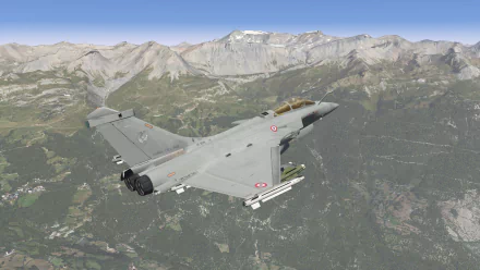 Dassault Rafale jet fighter soaring over mountainous terrain in X-Plane 11, captured in 4K Ultra HD as a PC desktop wallpaper and background.