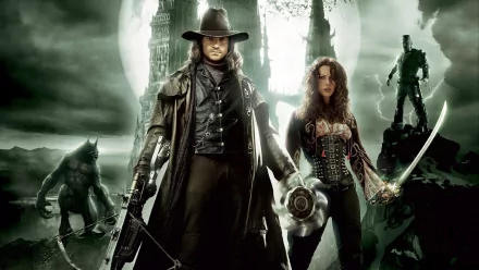 A high-definition desktop wallpaper featuring Kate Beckinsale and Hugh Jackman in their roles from the movie Van Helsing, set against a dramatic, eerie landscape with supernatural creatures in the background.