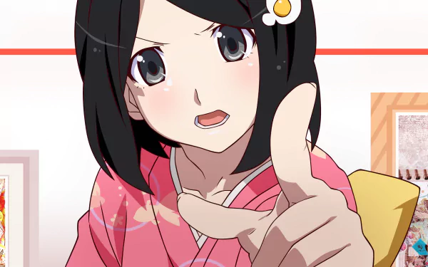 HD PC desktop wallpaper featuring Tsukihi Araragi from the Monogatari series, showcasing her in a pink kimono with a determined expression.