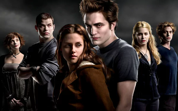 HD desktop wallpaper featuring Robert Pattinson as Edward Cullen and Kristen Stewart as Bella Swan from the Twilight movie, along with other key cast members against a dark, moody background.