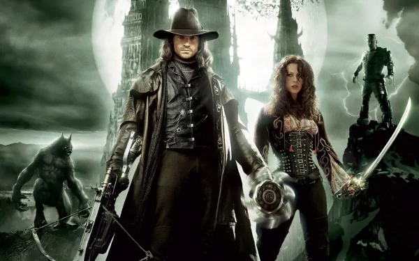 A high-definition desktop wallpaper featuring Kate Beckinsale and Hugh Jackman in their roles from the movie Van Helsing, set against a dramatic, eerie landscape with supernatural creatures in the background.