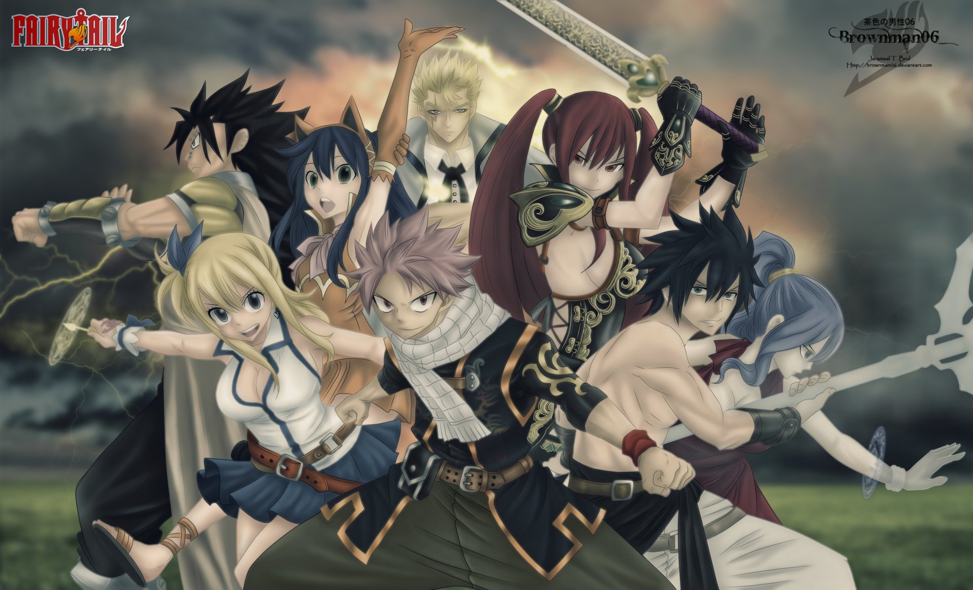 HD desktop wallpaper featuring Erza Scarlet, Laxus Dreyar, Juvia Lockser, Wendy Marvell, Gray Fullbuster, Natsu Dragneel, and Lucy Heartfilia from the anime Fairy Tail in a dynamic battle pose.