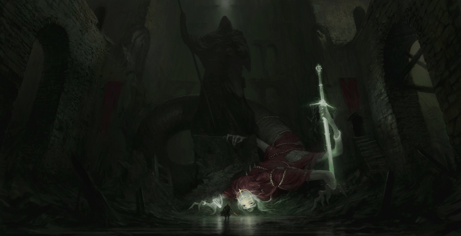 A dark, atmospheric 4K Ultra HD wallpaper depicting a warrior with a sword amid ancient ruins, facing a looming creature and a mysterious statue in the shadows.