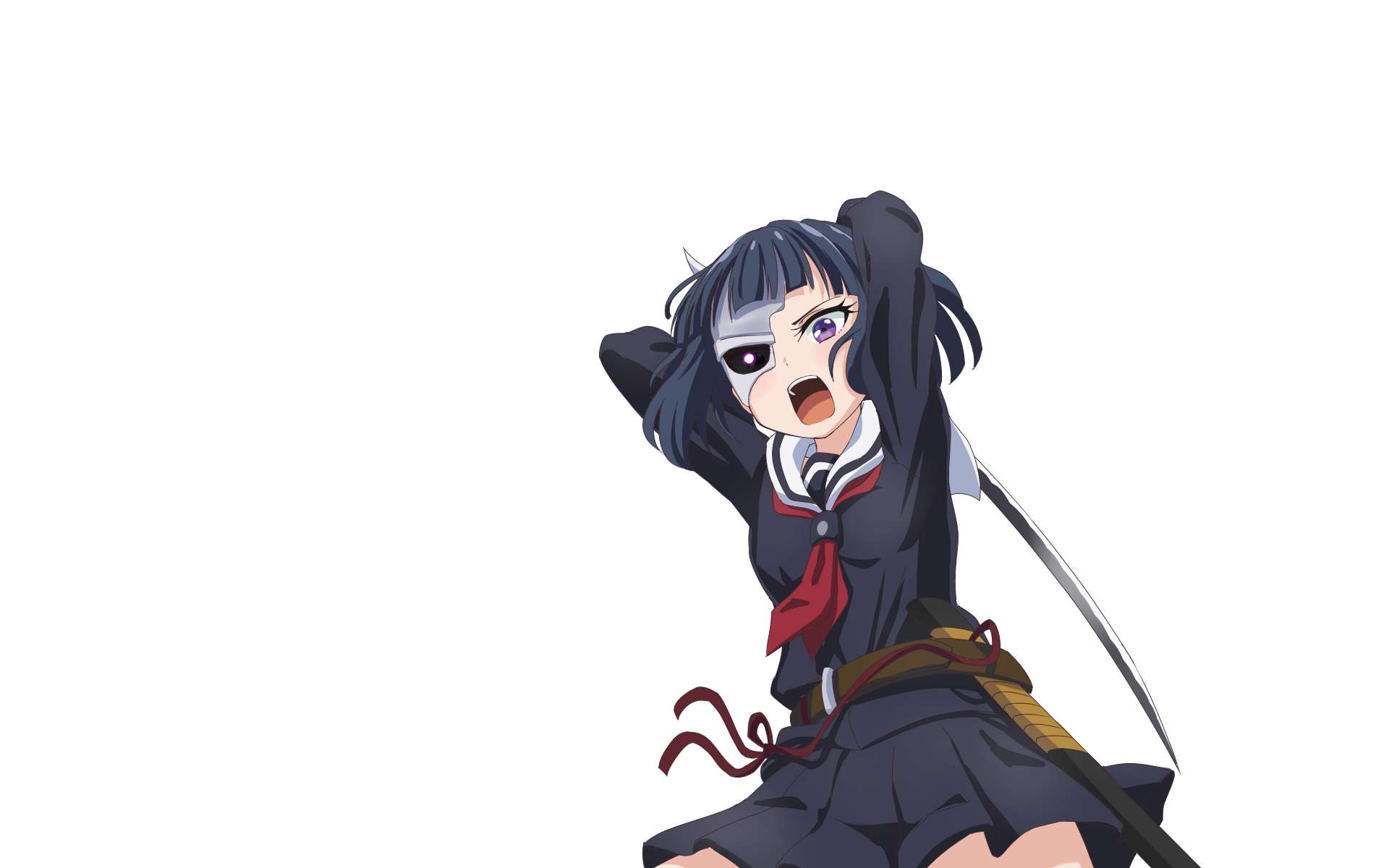 Rin Onigawara from the anime Armed Girl's Machiavellism in a dynamic pose wielding a sword, featured as an HD PC desktop wallpaper and background.