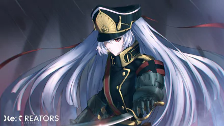 Anime character Gunpuku no Himegimi from Re:Creators in military uniform, holding a weapon, with long white hair flowing. The HD desktop wallpaper is detailed and striking.