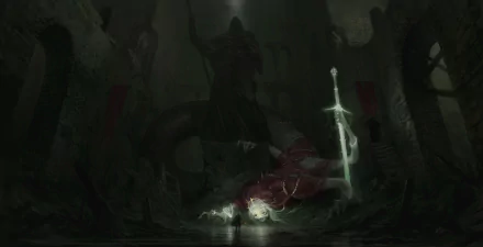 A dark, atmospheric 4K Ultra HD wallpaper depicting a warrior with a sword amid ancient ruins, facing a looming creature and a mysterious statue in the shadows.