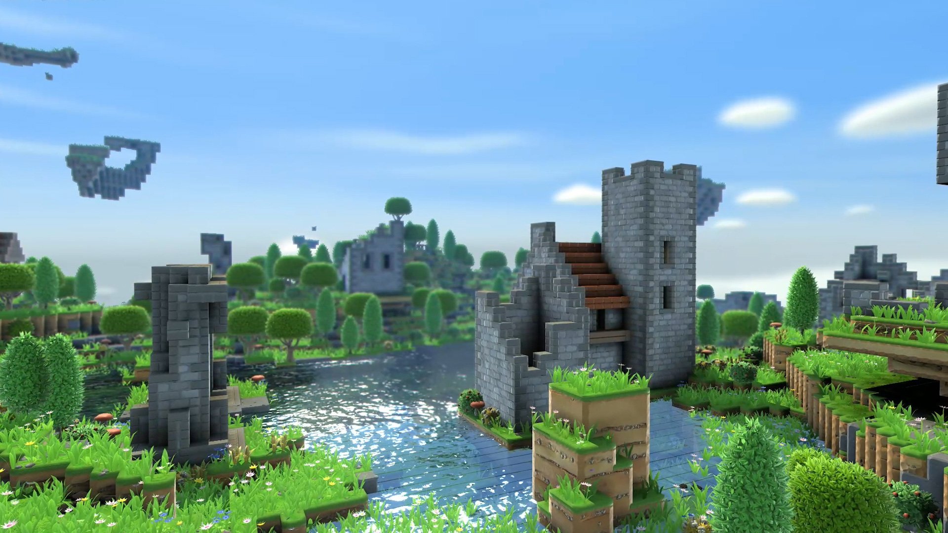 HD desktop wallpaper from Portal Knights featuring a serene landscape with medieval structures, lush greenery, and a tranquil river.