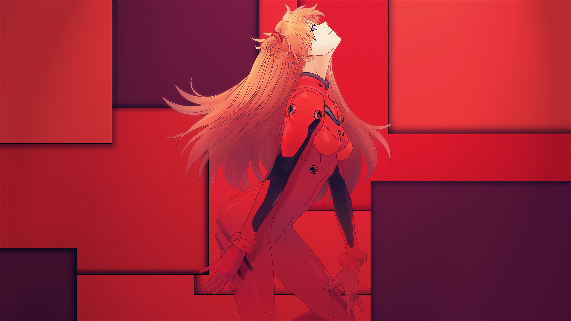 HD anime desktop wallpaper featuring Asuka Langley Sohryu from Neon Genesis Evangelion with striking red and purple geometric background.