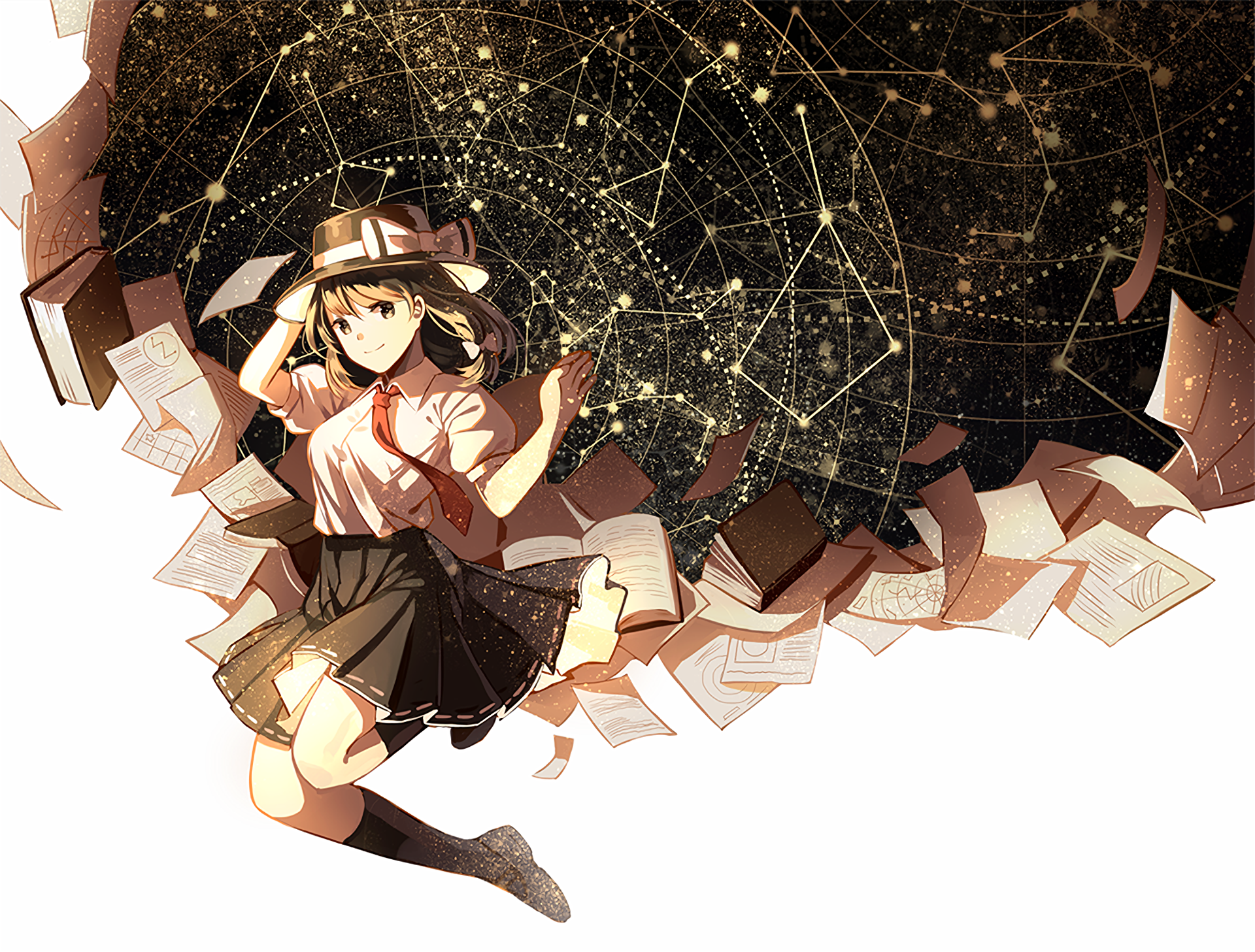 HD anime desktop wallpaper featuring Renko Usami from Touhou, surrounded by floating papers and a starry, constellation-filled background.