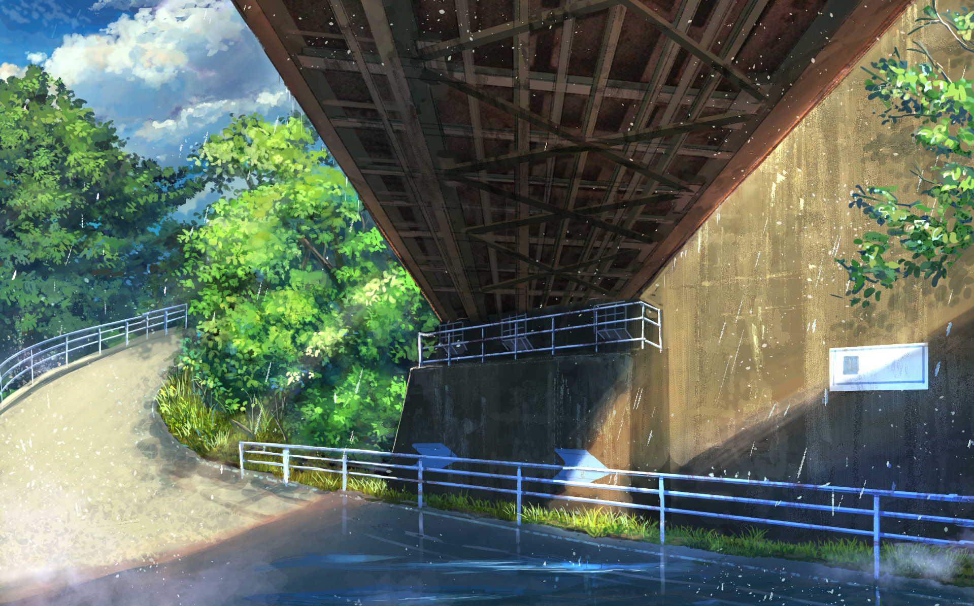 HD anime-style wallpaper featuring an original illustration of an underpass, surrounded by lush greenery, with sunlight casting shadows on the scene.