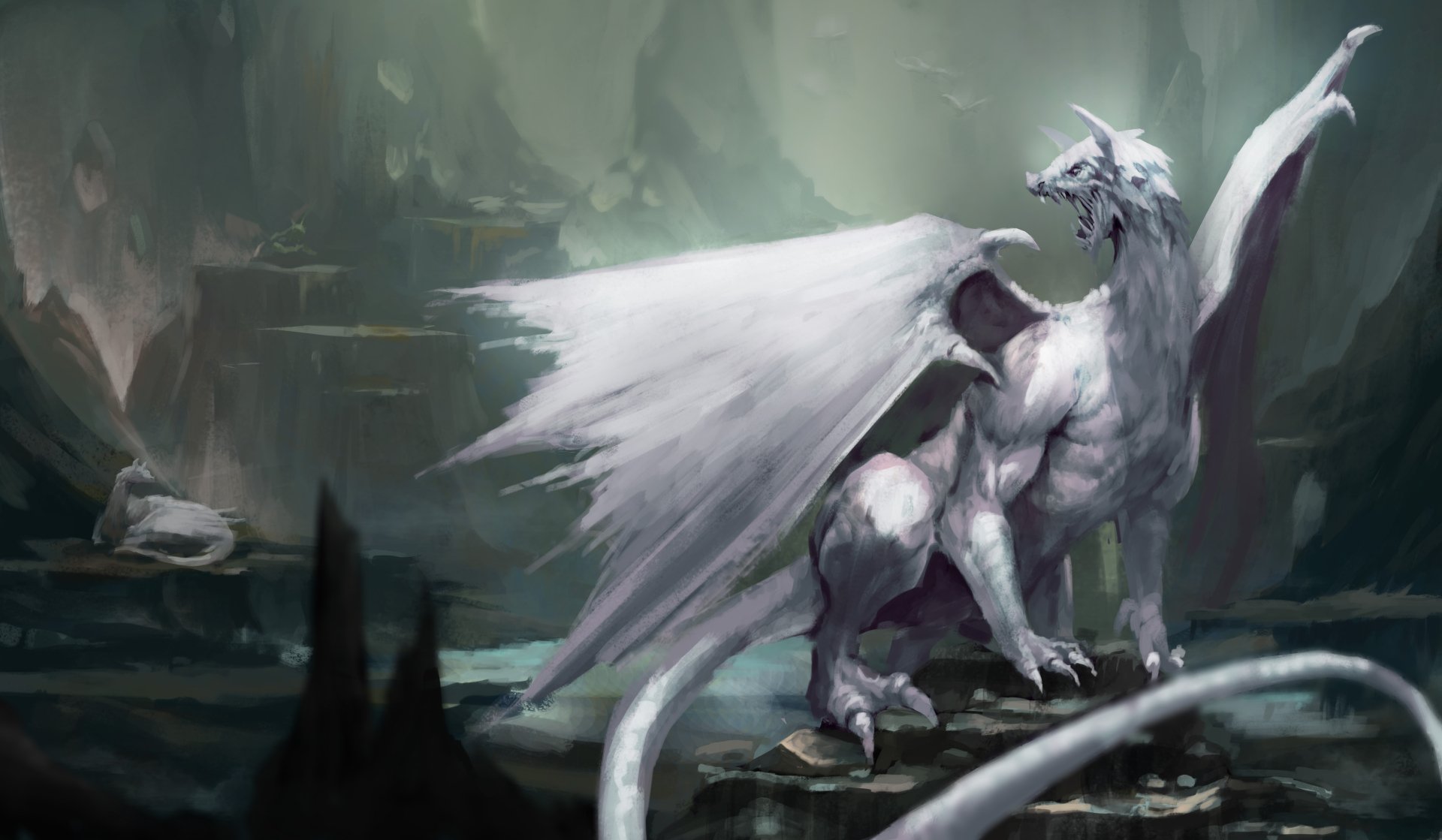 HD fantasy wallpaper featuring a majestic white-winged dragon standing in a mystical, dimly lit cavern. The dragon's powerful presence and the ethereal setting combine to create an enchanting background.