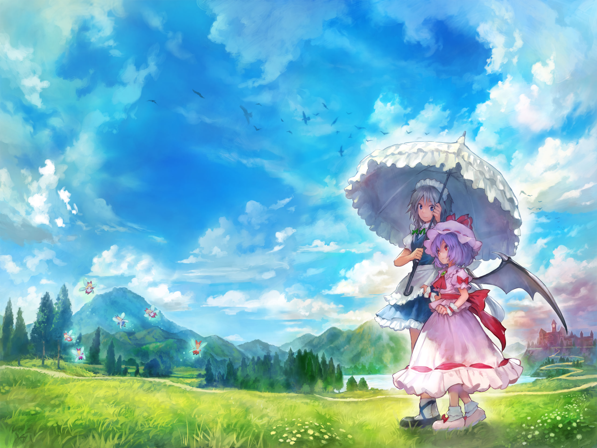 HD anime desktop wallpaper featuring Sakuya Izayoi and Remilia Scarlet from Touhou, set against a bright blue sky and lush green landscape.