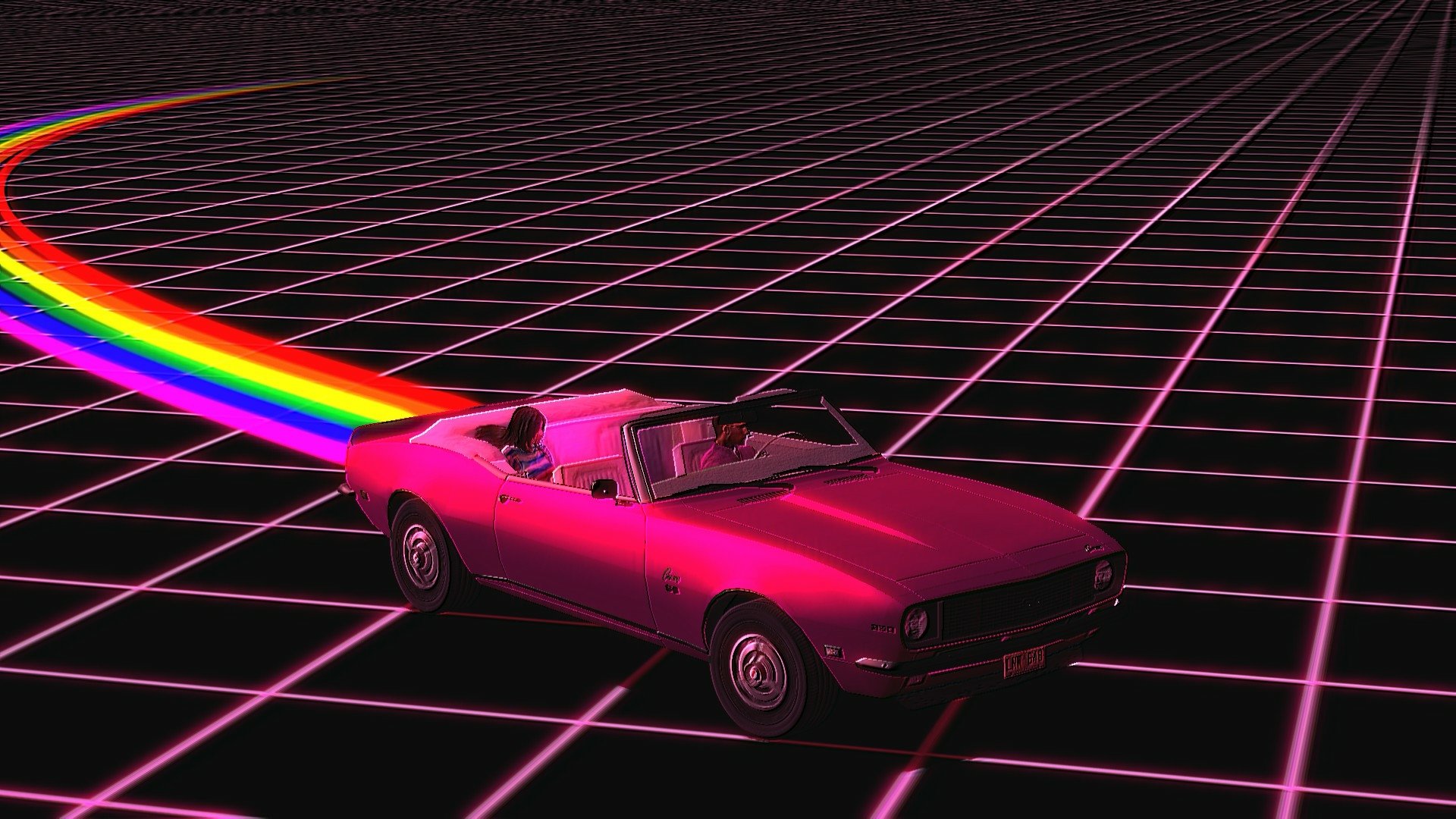 A pink retrowave car emits a vibrant rainbow trail over a grid-patterned vaporwave landscape, styled as an HD PC desktop wallpaper.