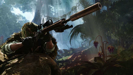 HD desktop wallpaper from Sniper: Ghost Warrior 3 featuring a sniper in camouflage aiming in a lush forest environment.