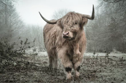 HD desktop wallpaper featuring a shaggy highland cow standing in a foggy, frosty forest landscape.