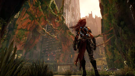 HD PC desktop wallpaper from the video game Darksiders III: protagonist Fury stands in overgrown urban ruins, chains and vines draped against a glowing skyline.