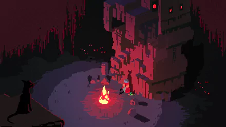 HD desktop wallpaper from Hyper Light Drifter featuring a pixelated character by a campfire with a foreboding structure in the background.