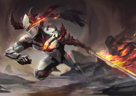 HD desktop wallpaper of the warrior Genji from the video game Overwatch, wearing futuristic armor and wielding a flaming sword in a dynamic, battle-ready stance.