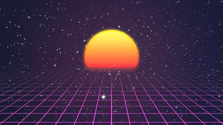 Outrun-style vaporwave art featuring a vibrant setting sun against a starry purple sky, with a retro wave neon grid in the foreground. This HD desktop wallpaper exudes an artistic 1980s aesthetic.