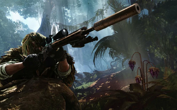 HD desktop wallpaper from Sniper: Ghost Warrior 3 featuring a sniper in camouflage aiming in a lush forest environment.