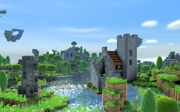 HD desktop wallpaper from Portal Knights featuring a serene landscape with medieval structures, lush greenery, and a tranquil river.